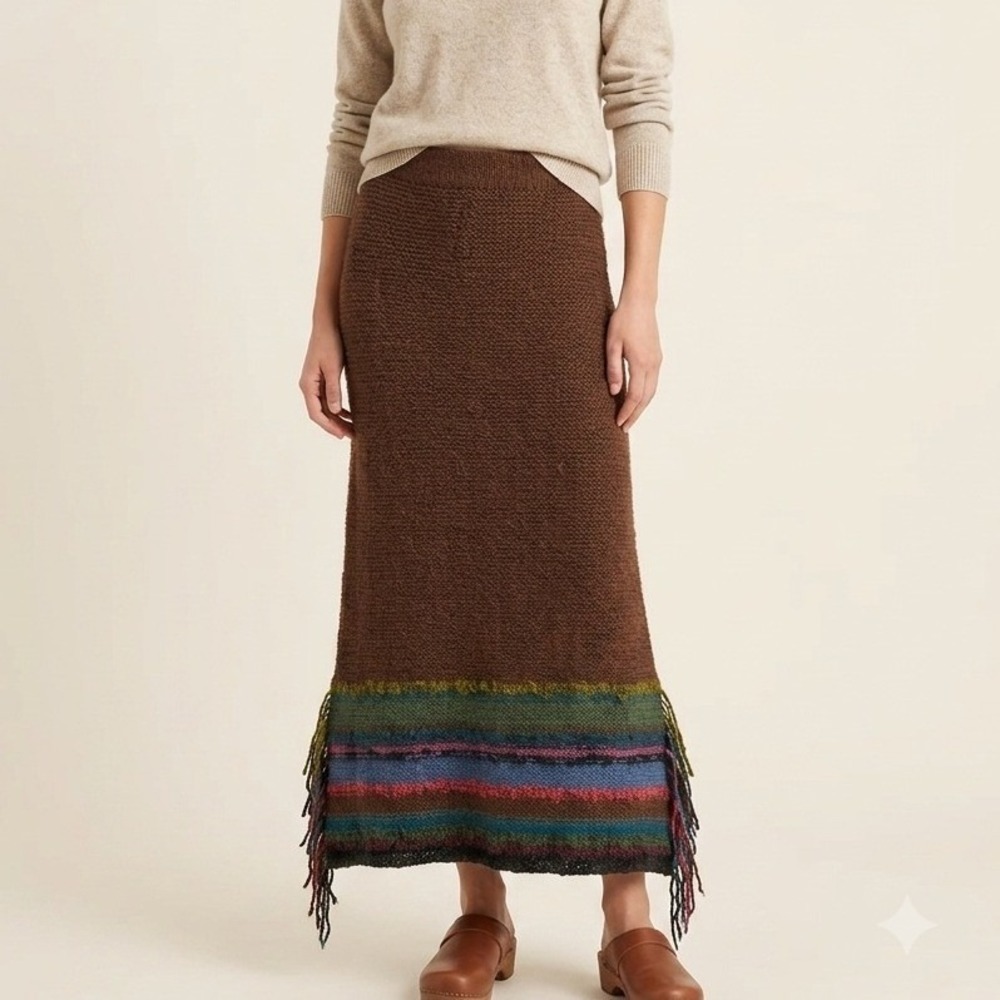 Beyond Threads Knit Maxi Skirt Women Small Brown Alpaca Blend Striped Hem Fringe